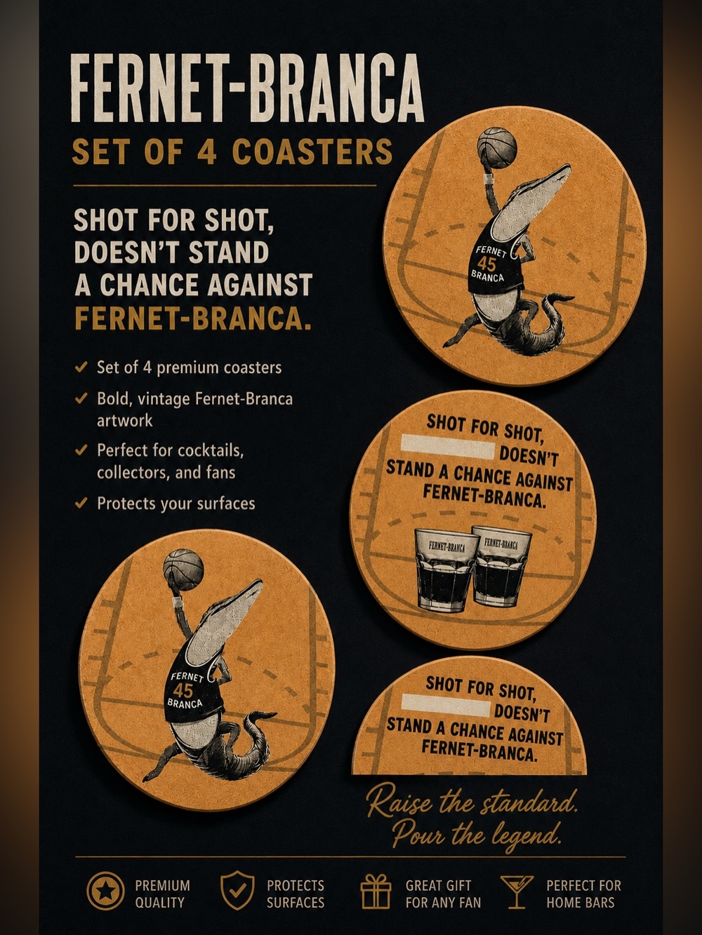 Fernet-Branca Fernando Coaster Set — Vintage Tan (Set of 4), NWOT 🐊 🏀